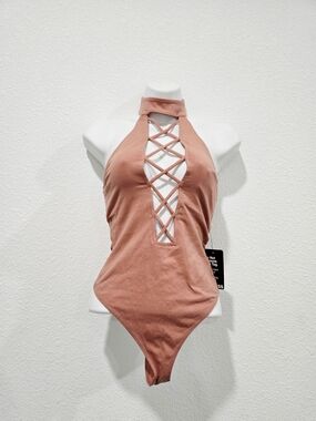 Express Mauve Rust Halter Bodysuit with Crisscross Front